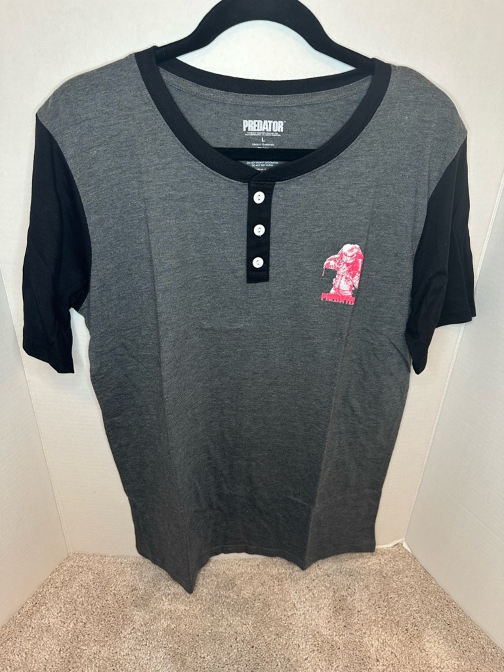New Predator Men’s Charcoal & Black Henley with Red Chest Logo, size Large